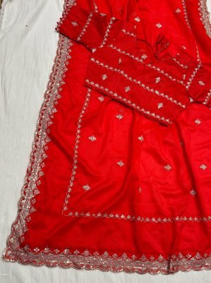 Red Party Wear Embroidery Work Soft Organza Saree