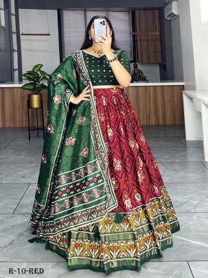 Red Patola And Bandhani Print Tussar Silk Lehenga Choli With Green Blouse