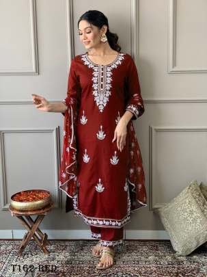 Red Rayon With Embroidery Work Kurti Pant Set 