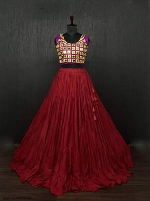 Red Real Mirror Work Rayon Navratri Lehenga Choli With Pink Blouse