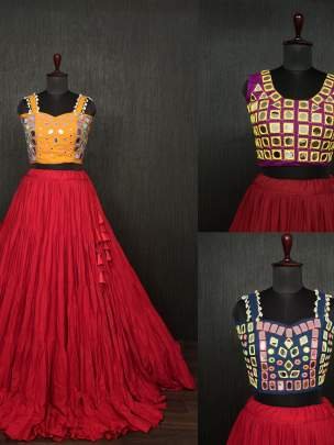 Red Real Mirror Work Rayon Navratri Lehenga Choli With Blue Blouse