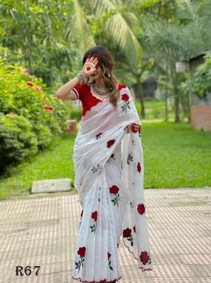 Red Rose Thread Work Soft Chanderi Cotton Saree