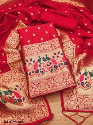 Red Soft Banarasi Un Stitched Dress Material