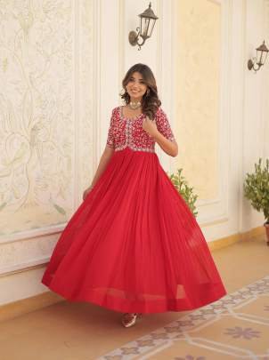 Red Tradition Designer Readymade Gown With Embroidery Work