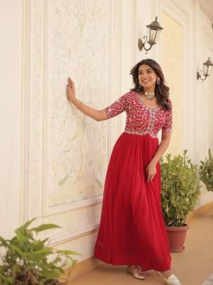 Red Tradition Designer Readymade Gown With Embroidery Work