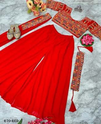 Red Uniqe Georgette Sequence Sharara Suits With Blouse And Dupatta