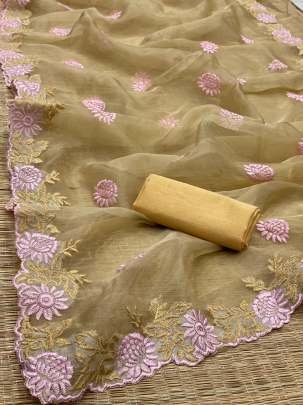 Resham Embroidery Work Gold Organza Saree