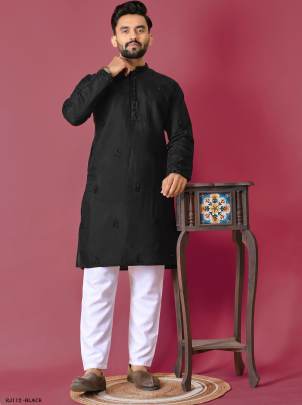 Roman Silk Black Color Men s Kurta Pajama Set 