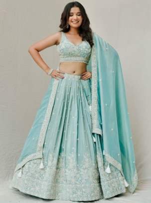 Roman Silk Thread With Sequins Work Sky Blue Lehenga Choli With Dupatta