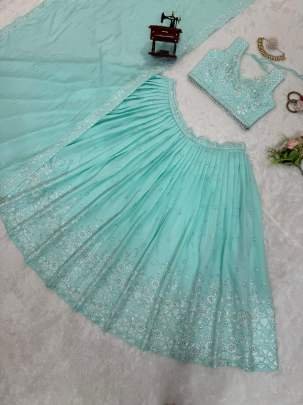 Roman Silk Thread With Sequins Work Sky Blue Lehenga Choli With Dupatta