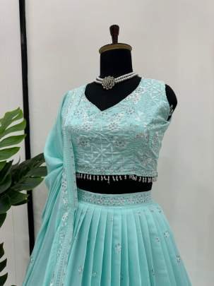 Roman Silk Thread With Sequins Work Sky Blue Lehenga Choli With Dupatta