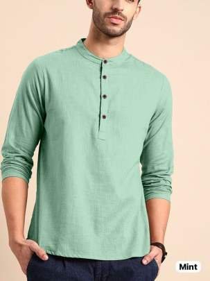 Round Neck Formal Wear Mint Khadi Linen Shirts For Men 