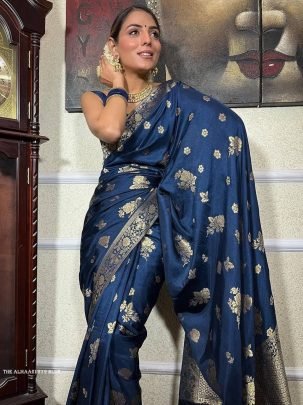 Royal Blue Banarsi Soft Silk Saree With Unstich Blouse