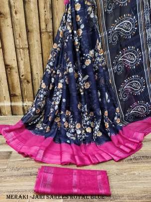 royal blue Color Beautiful Chiffon Jari Sarees with Flower Print