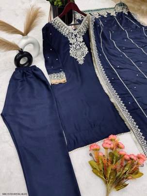 Royal Blue Color Designer Chinon Silk Embroidery Top Bottom Dupatta Outfit