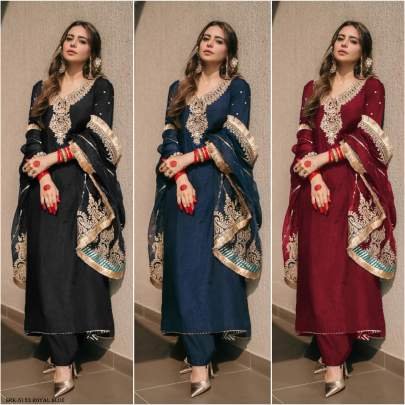 Royal Blue Color Designer Chinon Silk Embroidery Top Bottom Dupatta Outfit