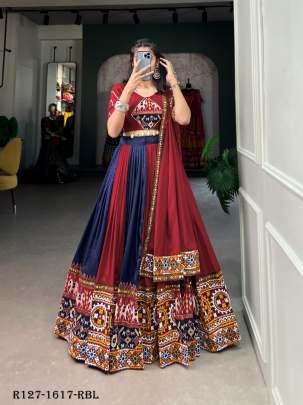 Royal Blue New Transitional Rayon Navratri Lehenga Choli With Gamthi Work Or Printed