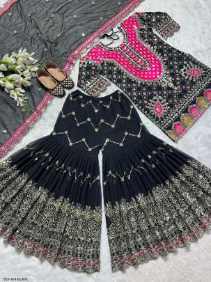 Royal Embroidered Georgette Black Kurti with Flared Sharara Set