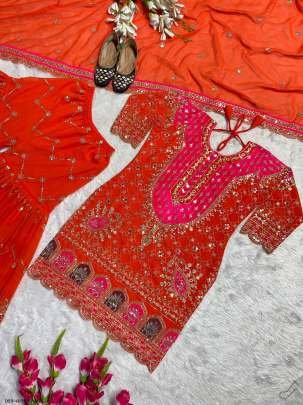 Royal Embroidered Georgette Orange Kurti with Flared Sharara Set