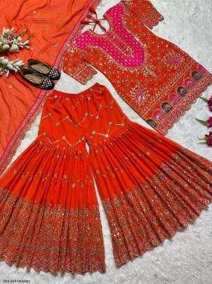 Royal Embroidered Georgette Orange Kurti with Flared Sharara Set