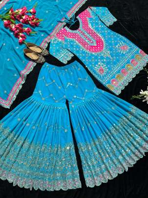 Royal Embroidered Georgette Sky Blue Kurti with Flared Sharara Set
