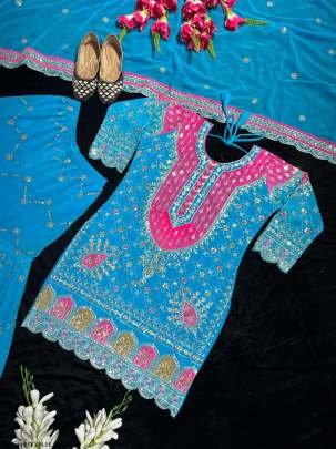 Royal Embroidered Georgette Sky Blue Kurti with Flared Sharara Set