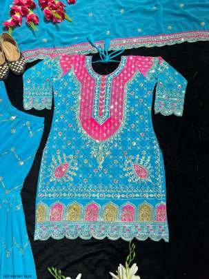 Royal Embroidered Georgette Sky Blue Kurti with Flared Sharara Set