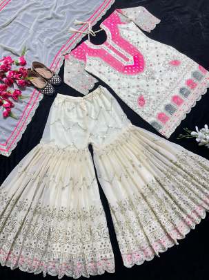 Royal Embroidered Georgette White Kurti with Flared Sharara Set