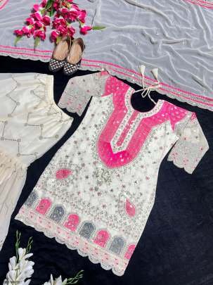 Royal Embroidered Georgette White Kurti with Flared Sharara Set