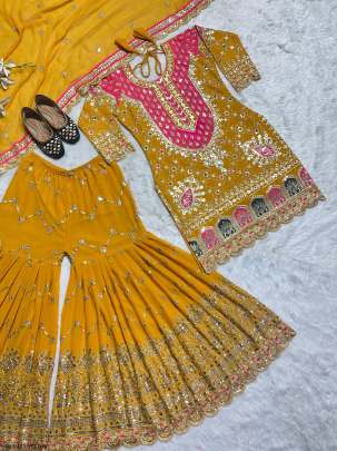 Royal Embroidered Georgette Yellow Kurti with Flared Sharara Set