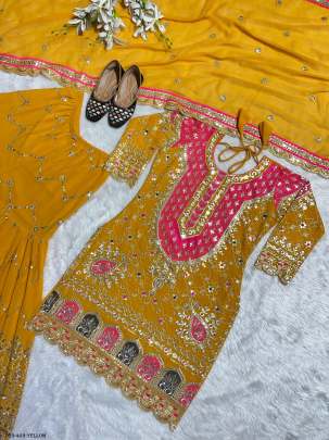 Royal Embroidered Georgette Yellow Kurti with Flared Sharara Set