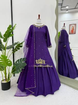 Royal Grace Purple Kurti With Embroidered Flared Lehenga Set