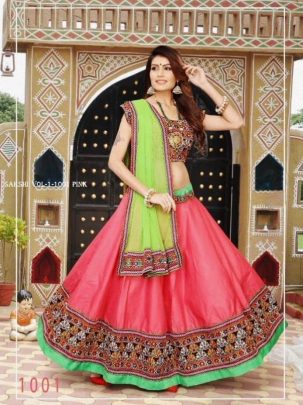 Sakshi Vol 1 Pink Chain Stich Mirror Work Cotton Navratri Lehenga