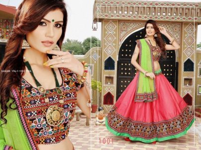 Sakshi Vol 1 Pink Chain Stich Mirror Work Cotton Navratri Lehenga