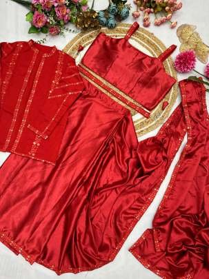 Satin Silk Fabric Red Sequence Work Ready To Wear Saree With Jacket