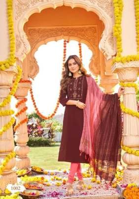 Selesta Brand Shehnaaz Pure Chinon Neck Work Kurtis Set