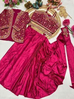 Sequence Work Hot Pink Ready To Wear Saree With Jacket