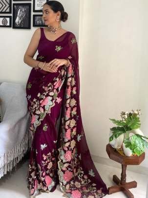 Sequence Work Wine Soft Georgette Saree