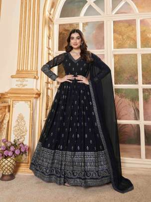Shubhkala Flory Vol 45 Navy Blue Foil Printed Stitched Full Length Gown with Dupatta -5015