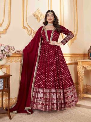 Shubhkala Flory Vol 45 Red Foil Printed Stitched Full Length Gown with Dupatta -5011