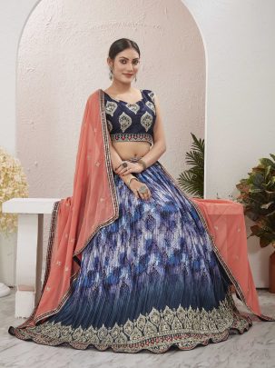 Silk Blend Embroidered Blue Lehenga Choli