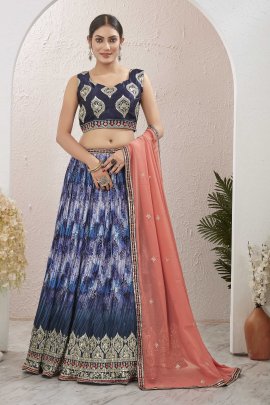 Silk Blend Embroidered Blue Lehenga Choli