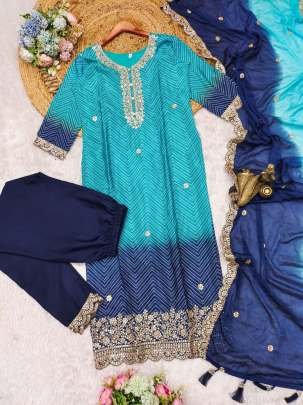 Sky And Blue Excllusive Bandhani Print Chinon Kurtis Set