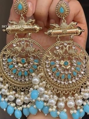 Sky Blue and Gold Kundan With Pearls Peacock Ethnic Large Shehnaz Chandbali Earrings