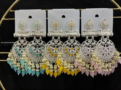 Sky Blue and Gold Kundan With Pearls Peacock Ethnic Large Shehnaz Chandbali Earrings