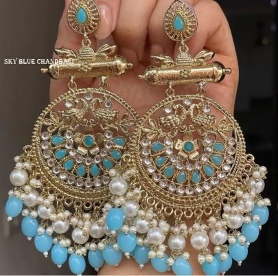 Sky Blue and Gold Kundan With Pearls Peacock Ethnic Large Shehnaz Chandbali Earrings