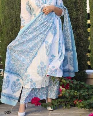 Sky Blue and White Embroidered Cotton Palazzo Suit