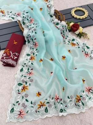 Sky Blue Beautiful Heavy Embroidery Work Khadi Organza Silk Saree