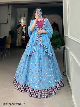 Sky Blue Classic Party Wear Georgette Lehenga Choli With Mirror Work Belt