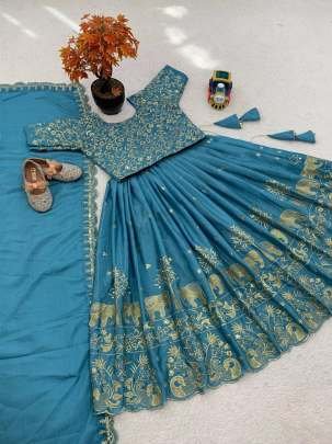 Sky Blue Embroidery Work Chinon Silk Kids Lehenga